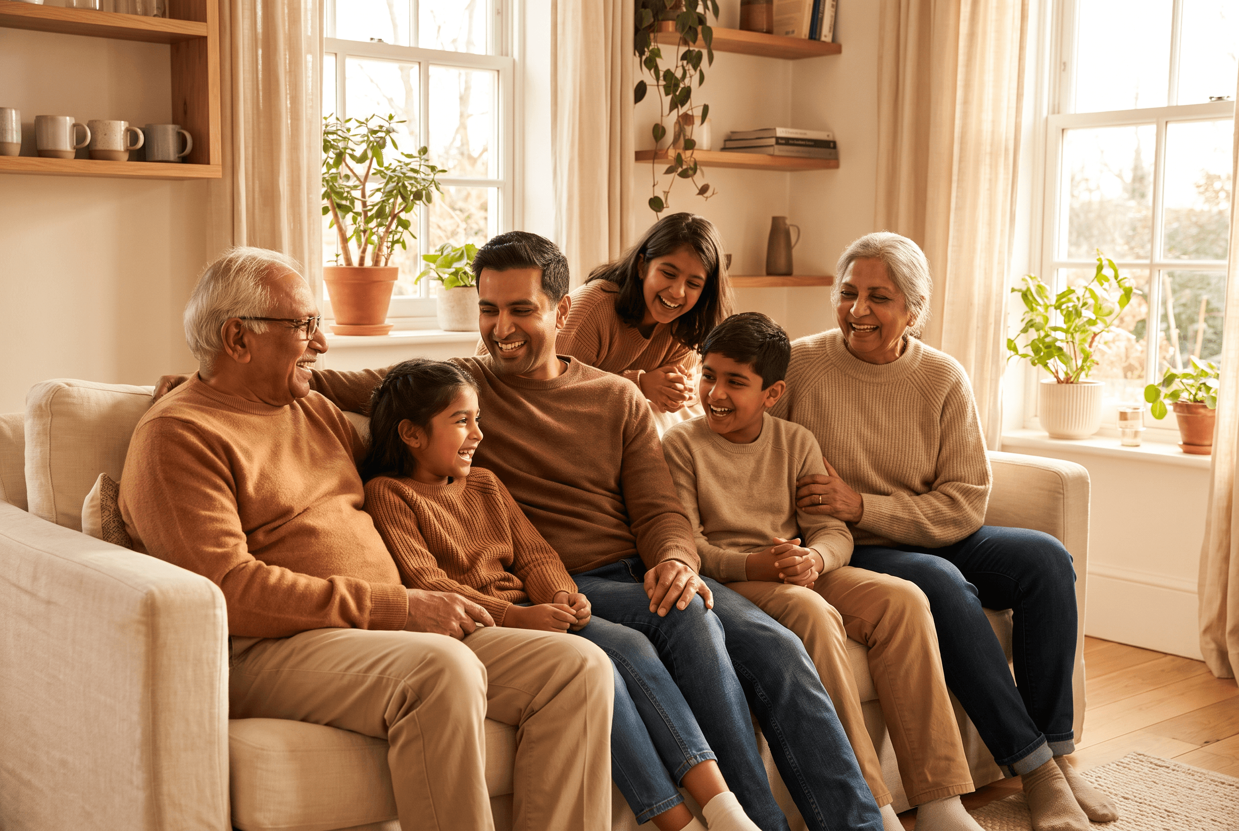 A multigenerational family laughing on a sofa