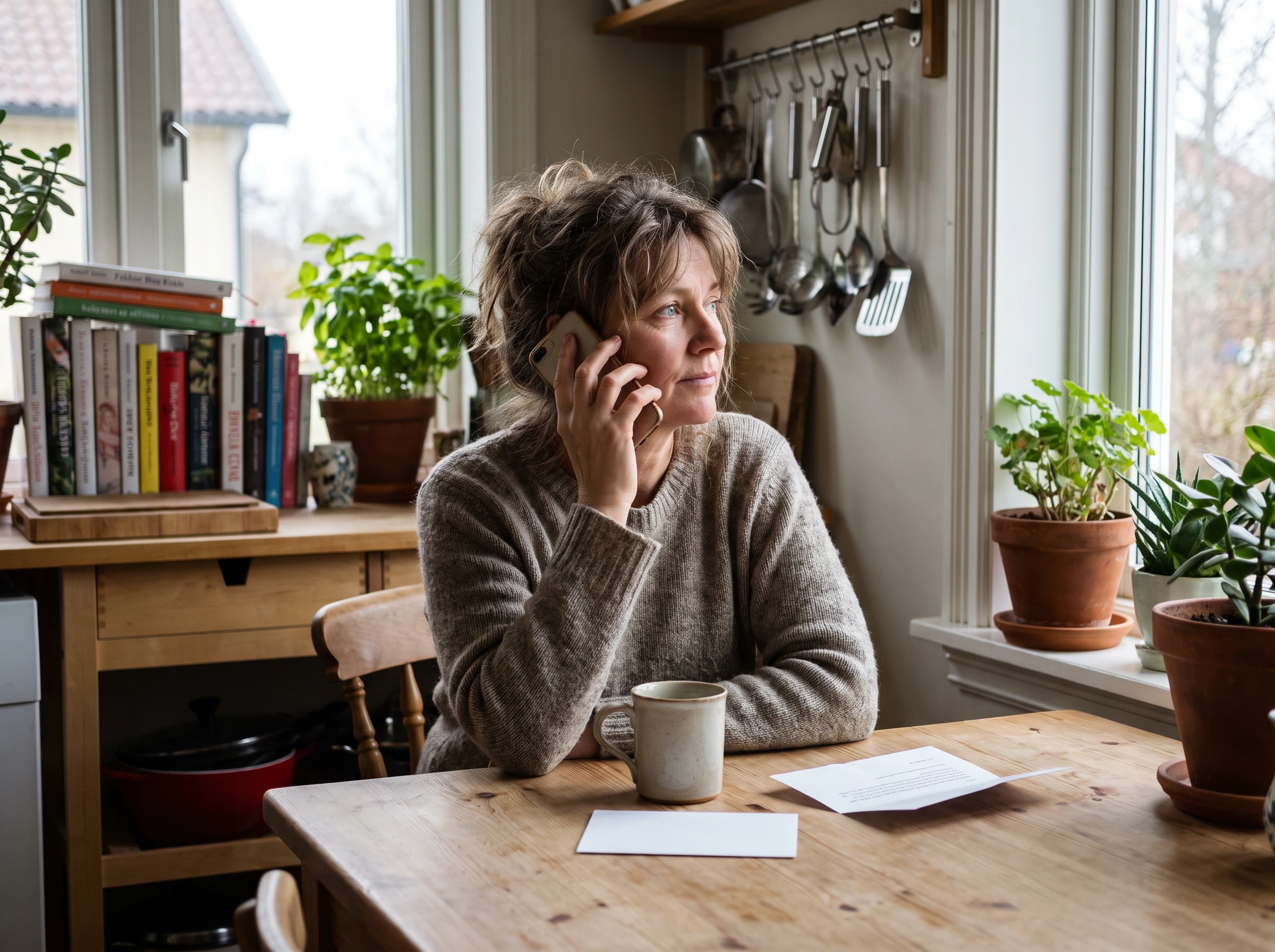 Woman at her kitchen table on the phone with a benefit card and letter beside her