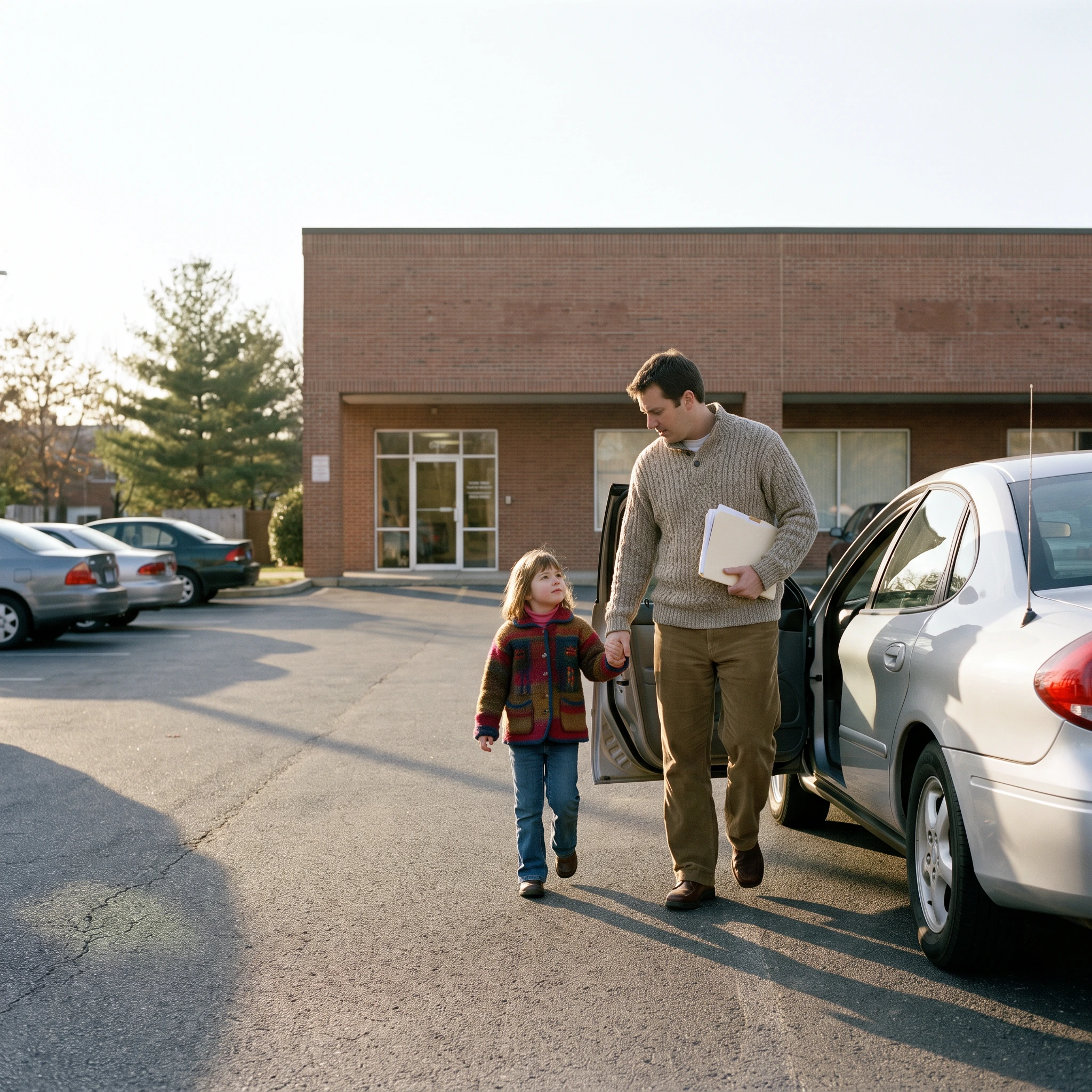 Parent and child walking from a plaza parking lot toward a two-storey office building entrance