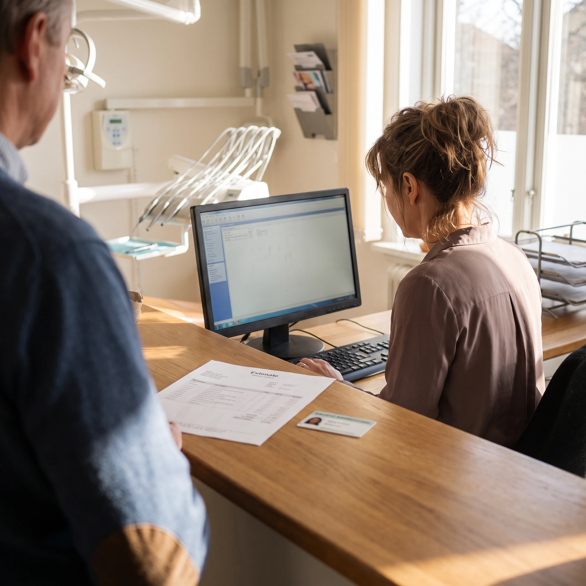 Front-desk staff member entering dental plan details at a reception counter