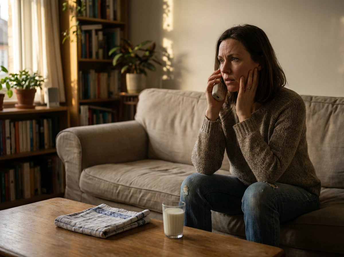 A woman holding her jaw while phoning a dentist from her living room during a dental emergency