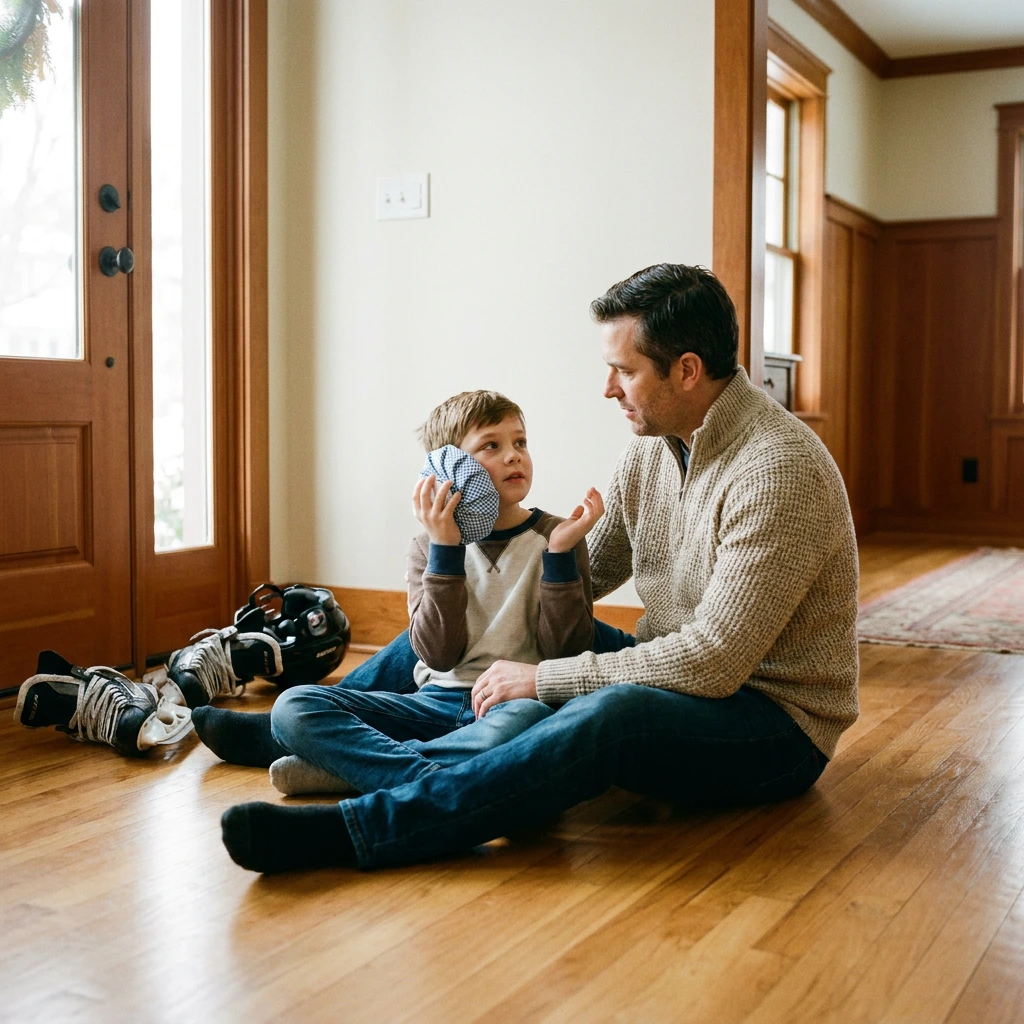 A father holding an ice pack to his son's cheek in a hallway after a hockey injury