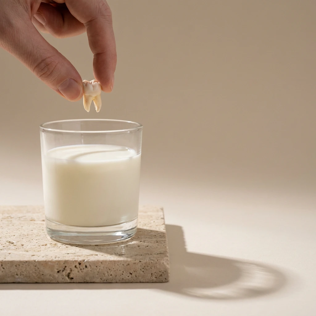 A knocked out tooth held by the crown above a glass of milk before storage