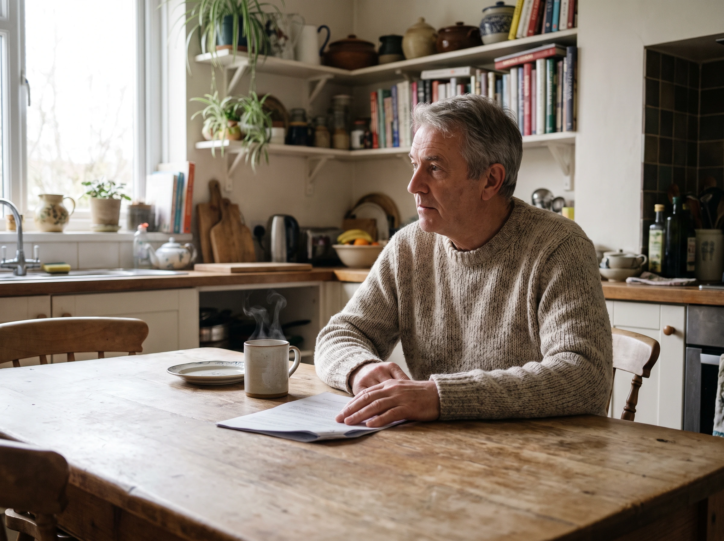 Older man at his kitchen table considering a folded dental treatment estimate