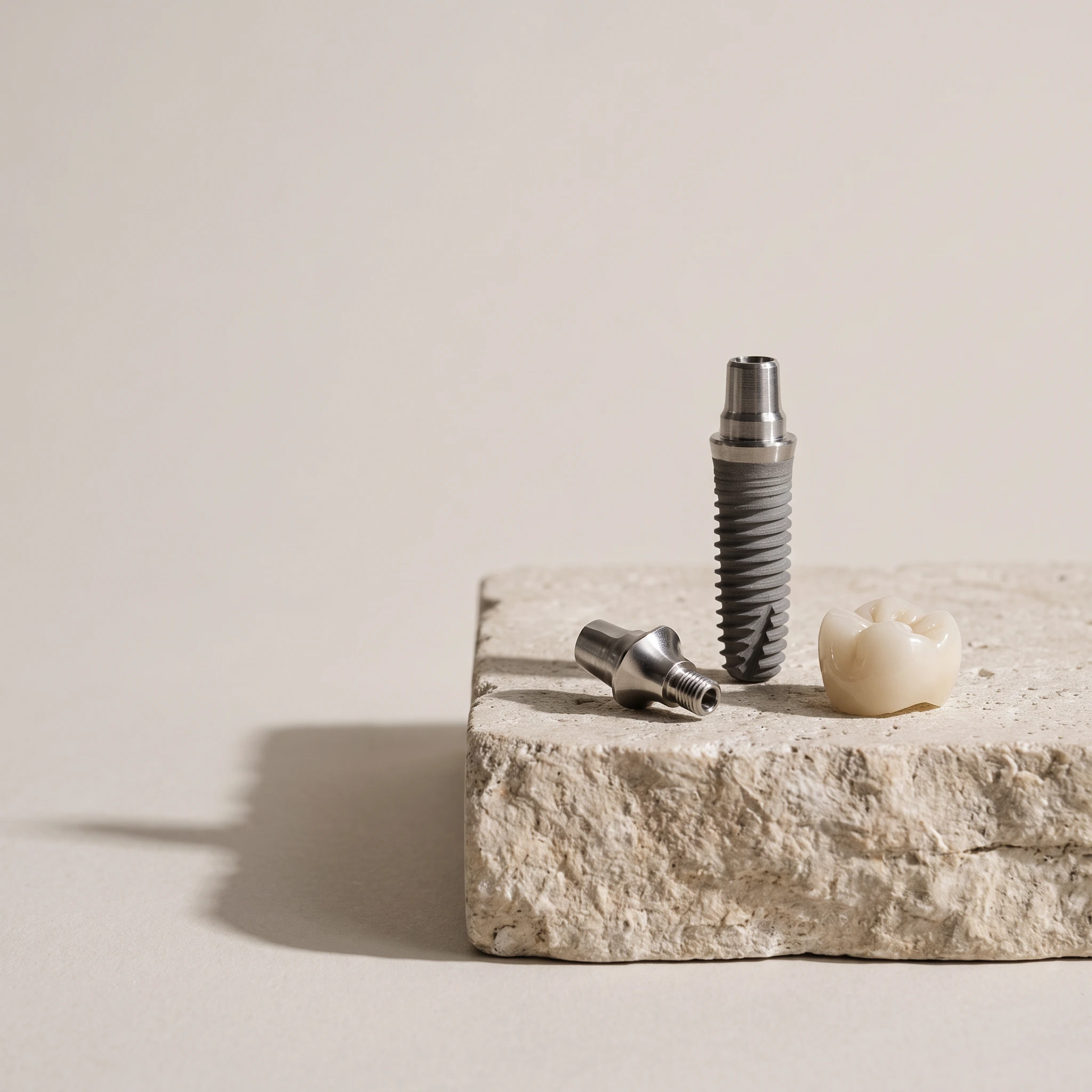 Titanium implant post, abutment and crown shown as three separate parts on a stone plinth