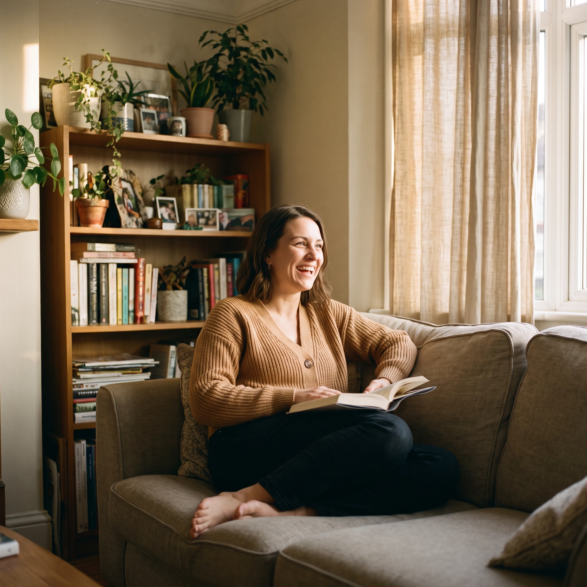 Woman reading on her living room sofa on an ordinary afternoon at home