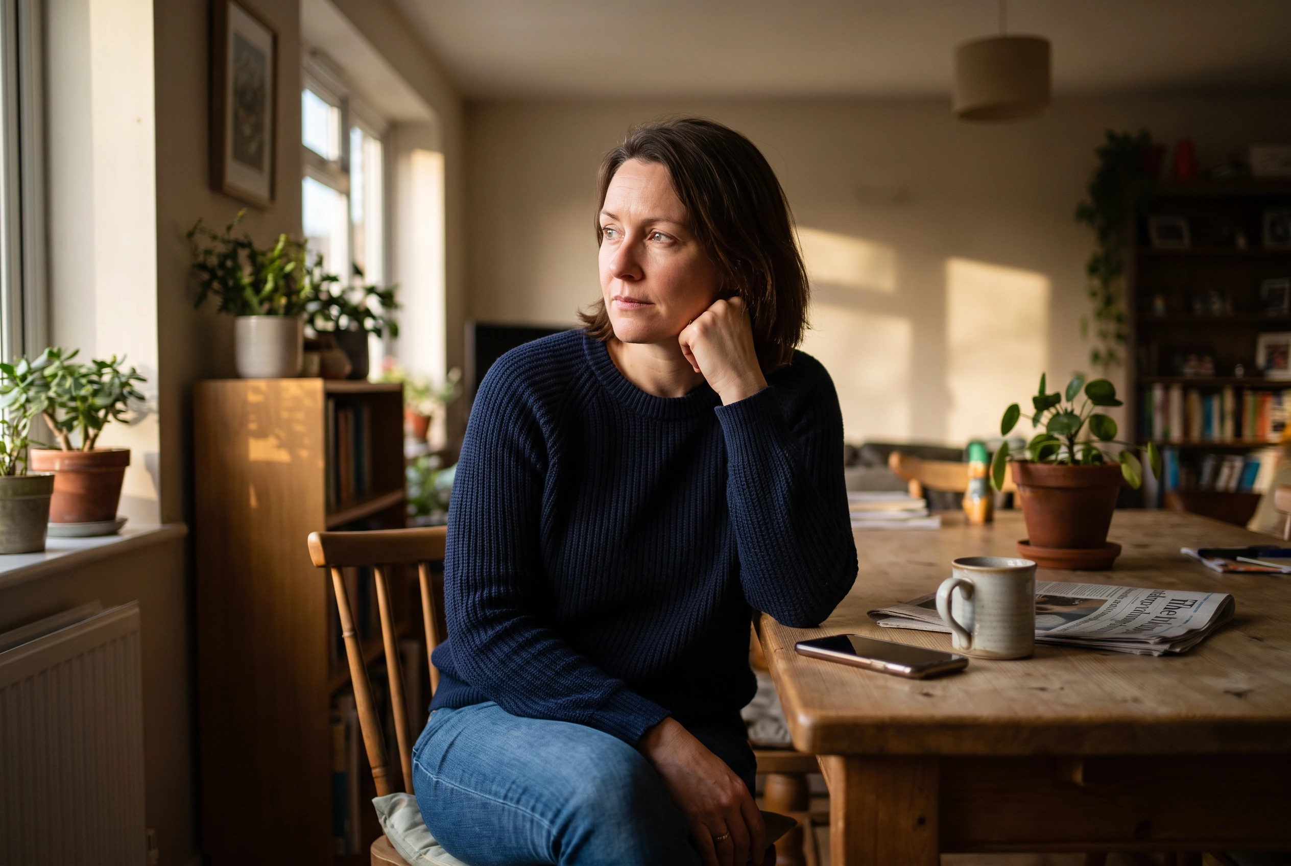 Woman sitting at her kitchen table with a hand near her jaw, thinking before calling the dentist