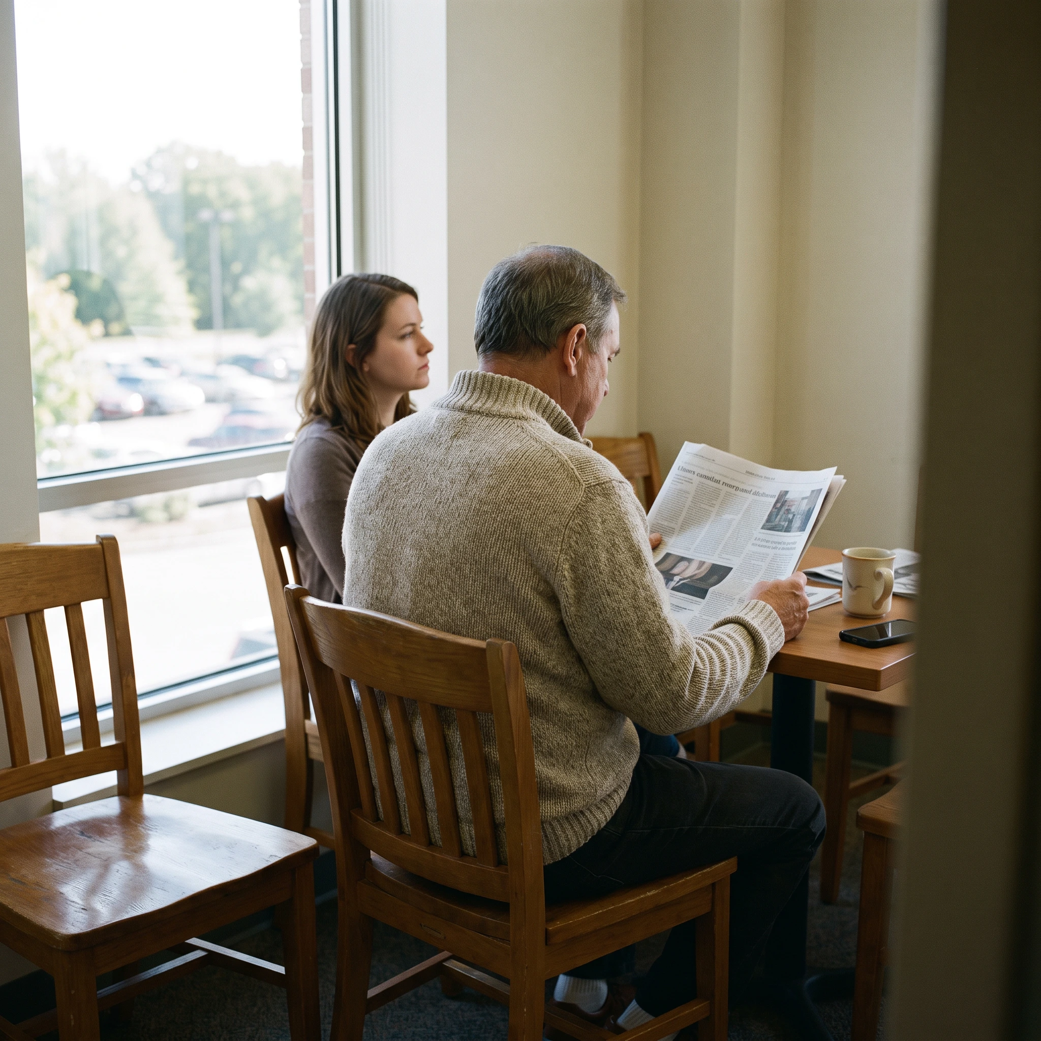 An older man reading beside a window in a waiting area with a younger relative nearby