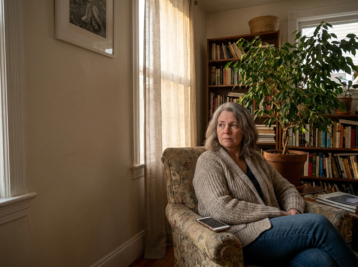 Woman sitting in a living room armchair with her phone on her knee, thinking about calling a dentist