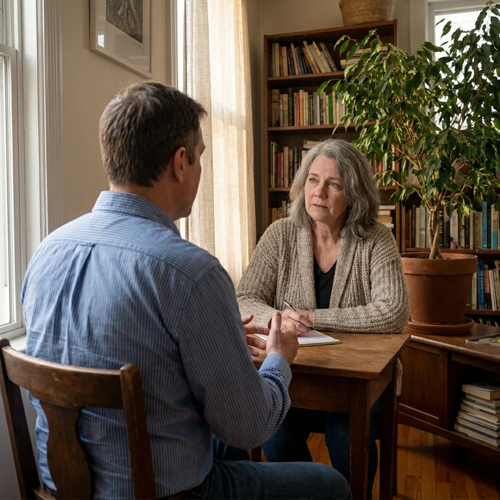 Dentist and adult patient talking across a desk before any examination