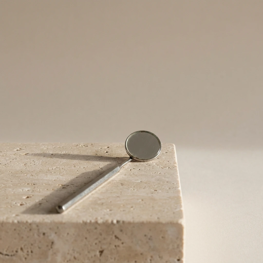 Single dental mirror resting on a stone plinth against a plain backdrop