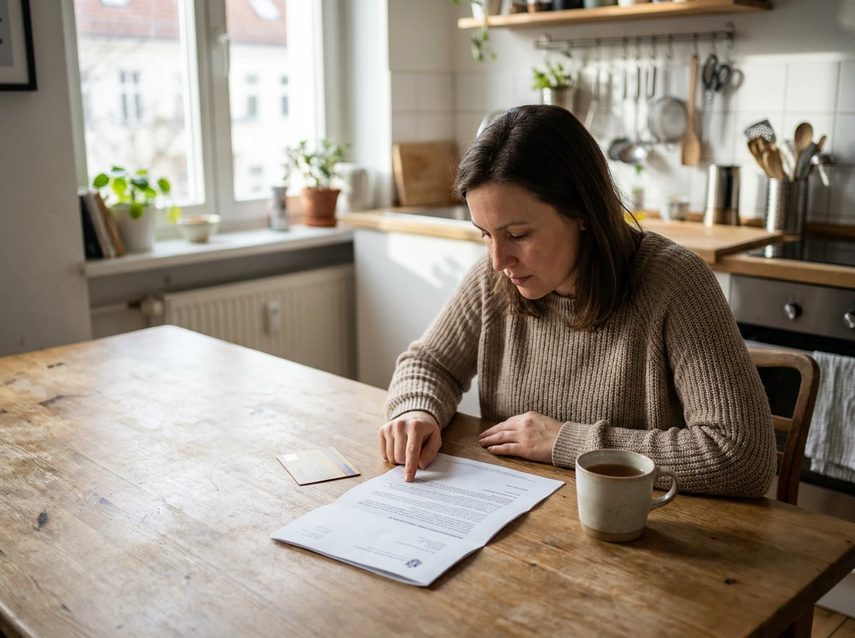 A woman at her kitchen table reading a government coverage document and holding an insurance card