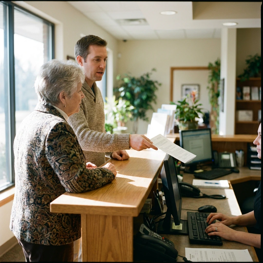 An adult son handing a coverage document to a dental receptionist while his mother stands beside him