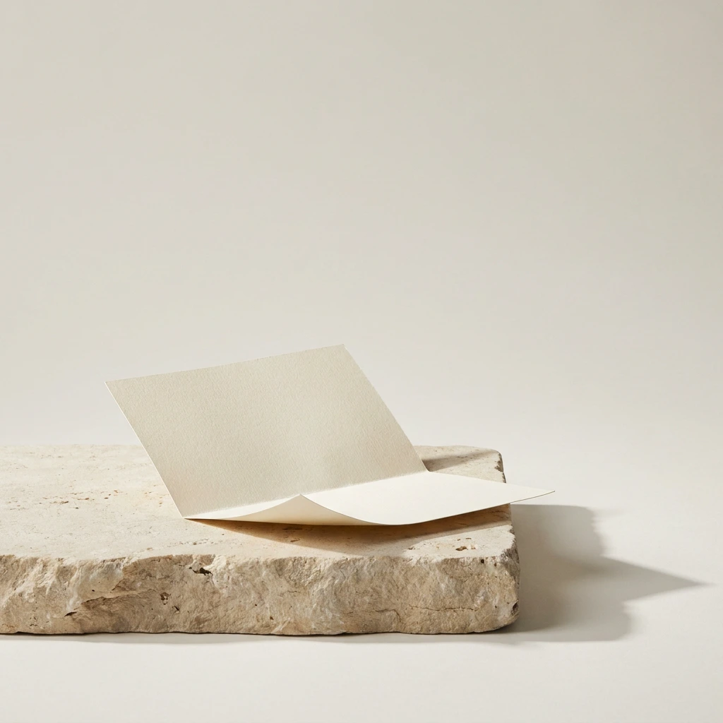 A folded blank paper treatment estimate resting on a stone plinth with a long soft shadow