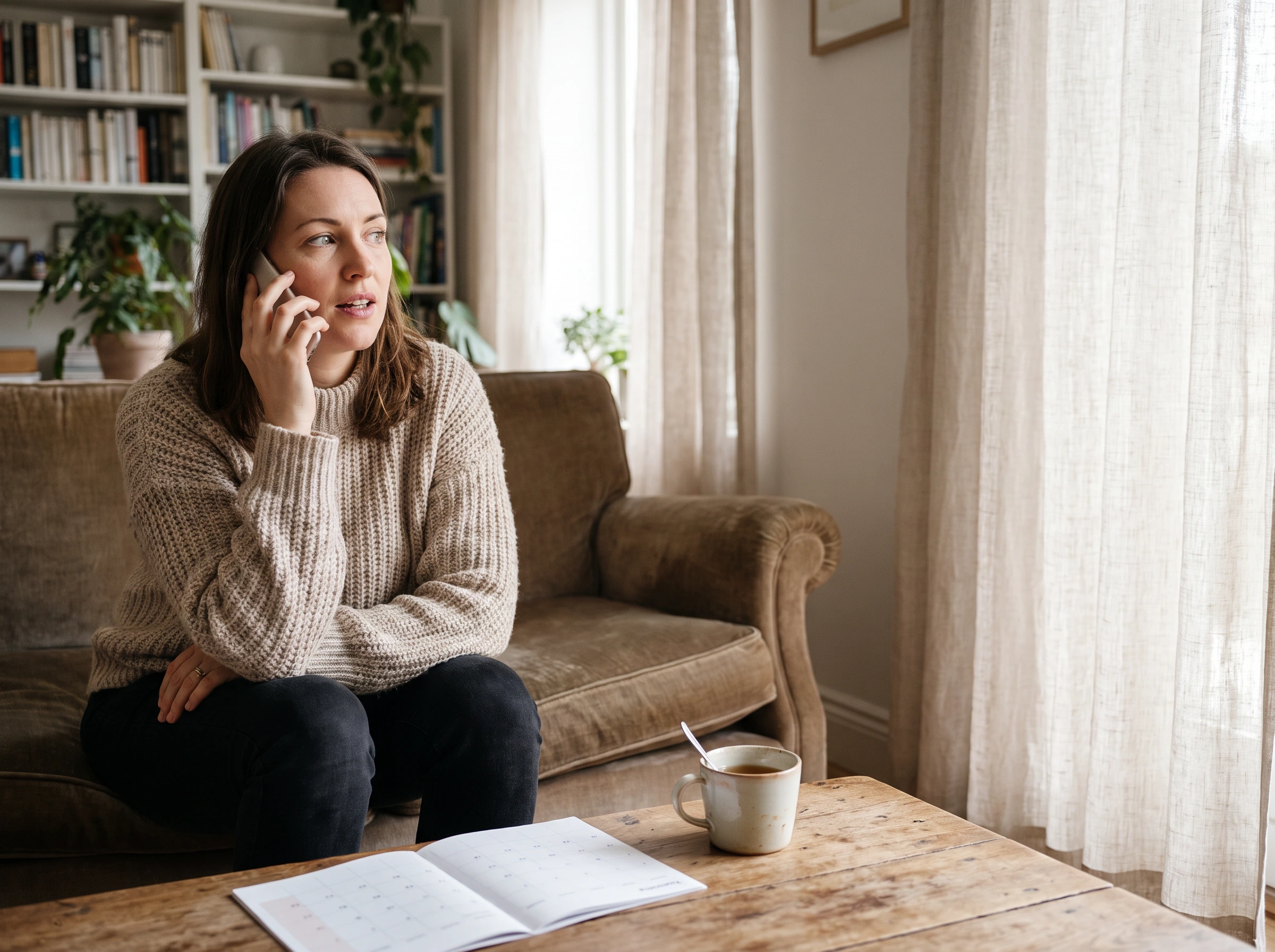 A woman sitting in her living room on a Saturday morning phoning a dental office to book an appointment