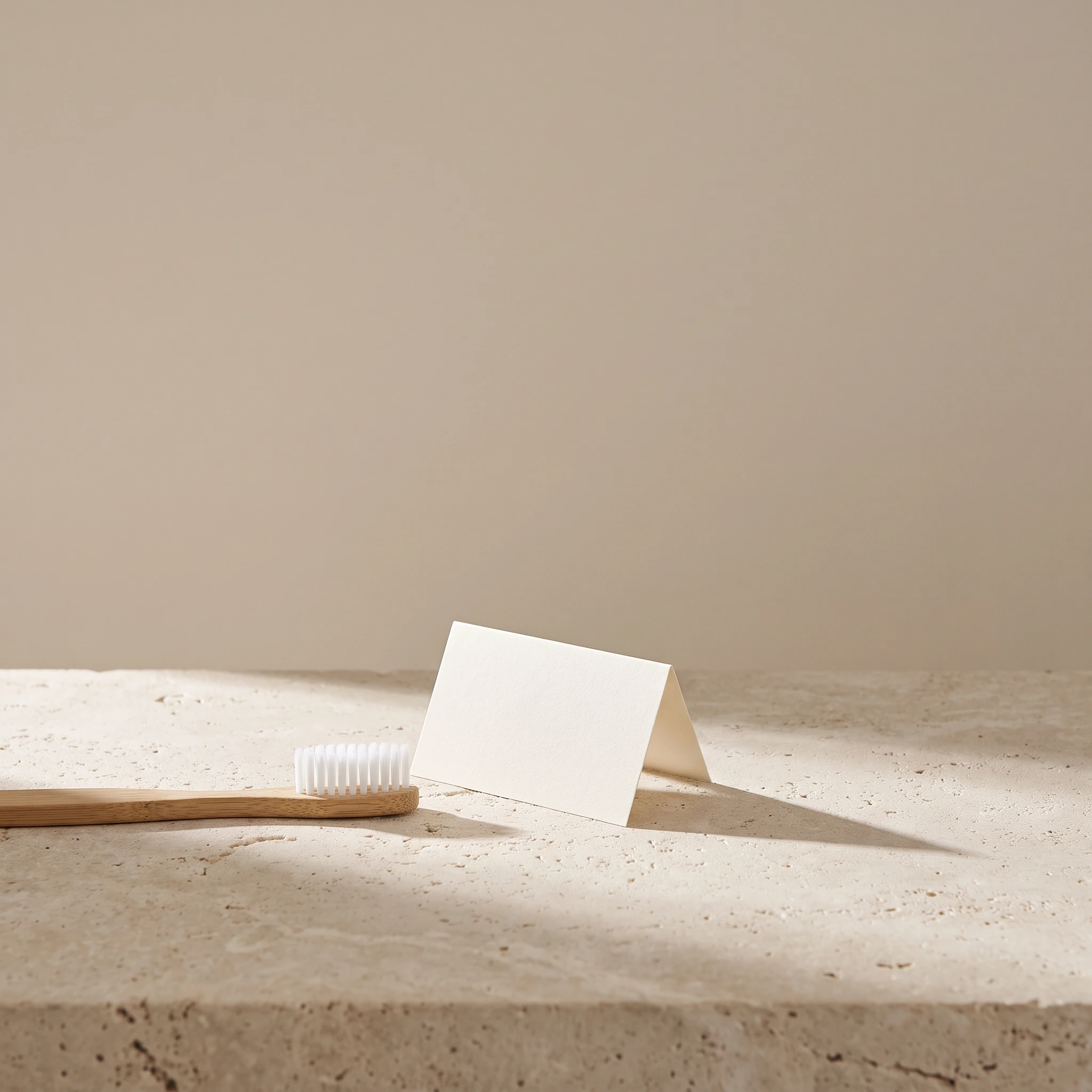 A toothbrush and a blank appointment card on a stone plinth