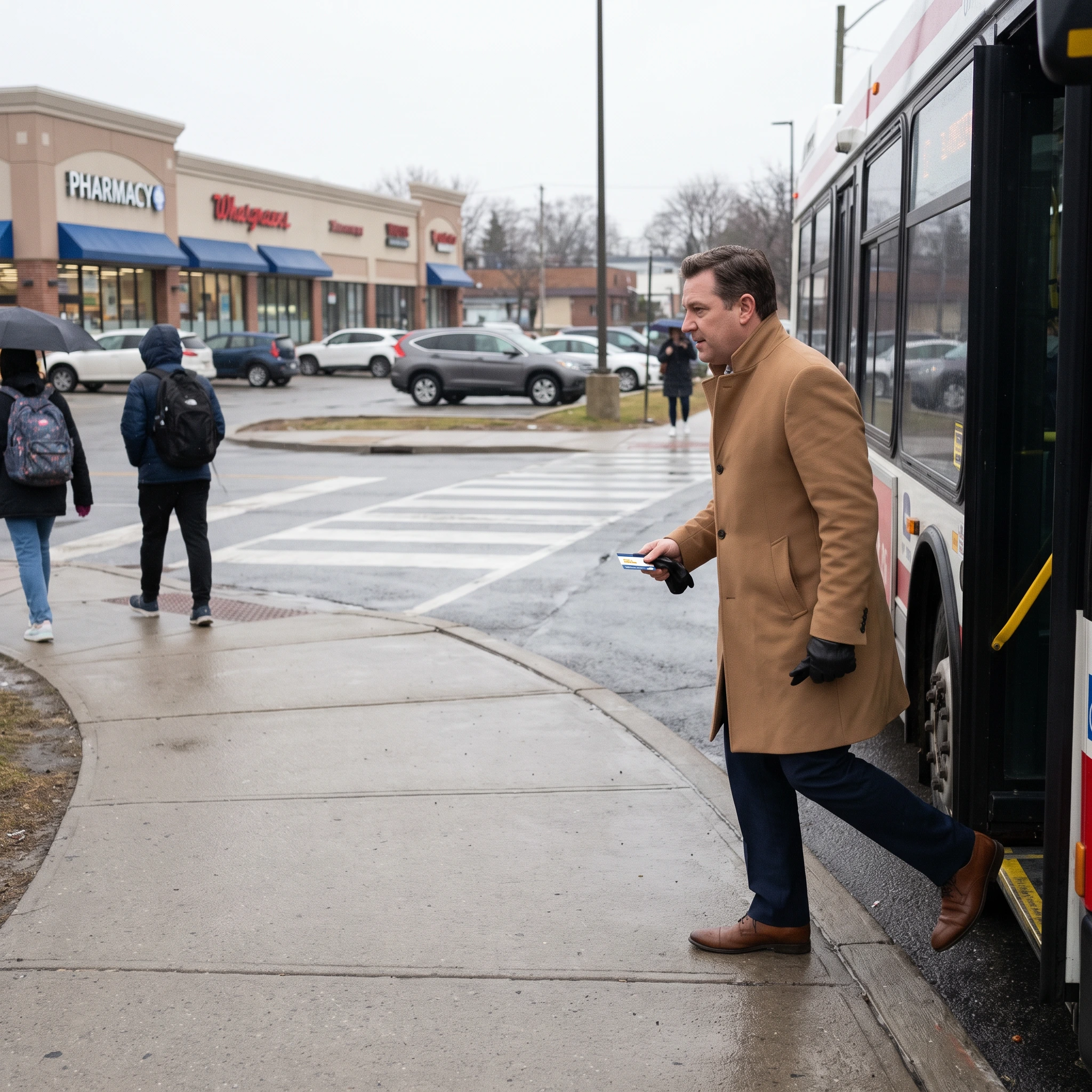 A man arriving by bus at a suburban plaza intersection for a weekend dental appointment