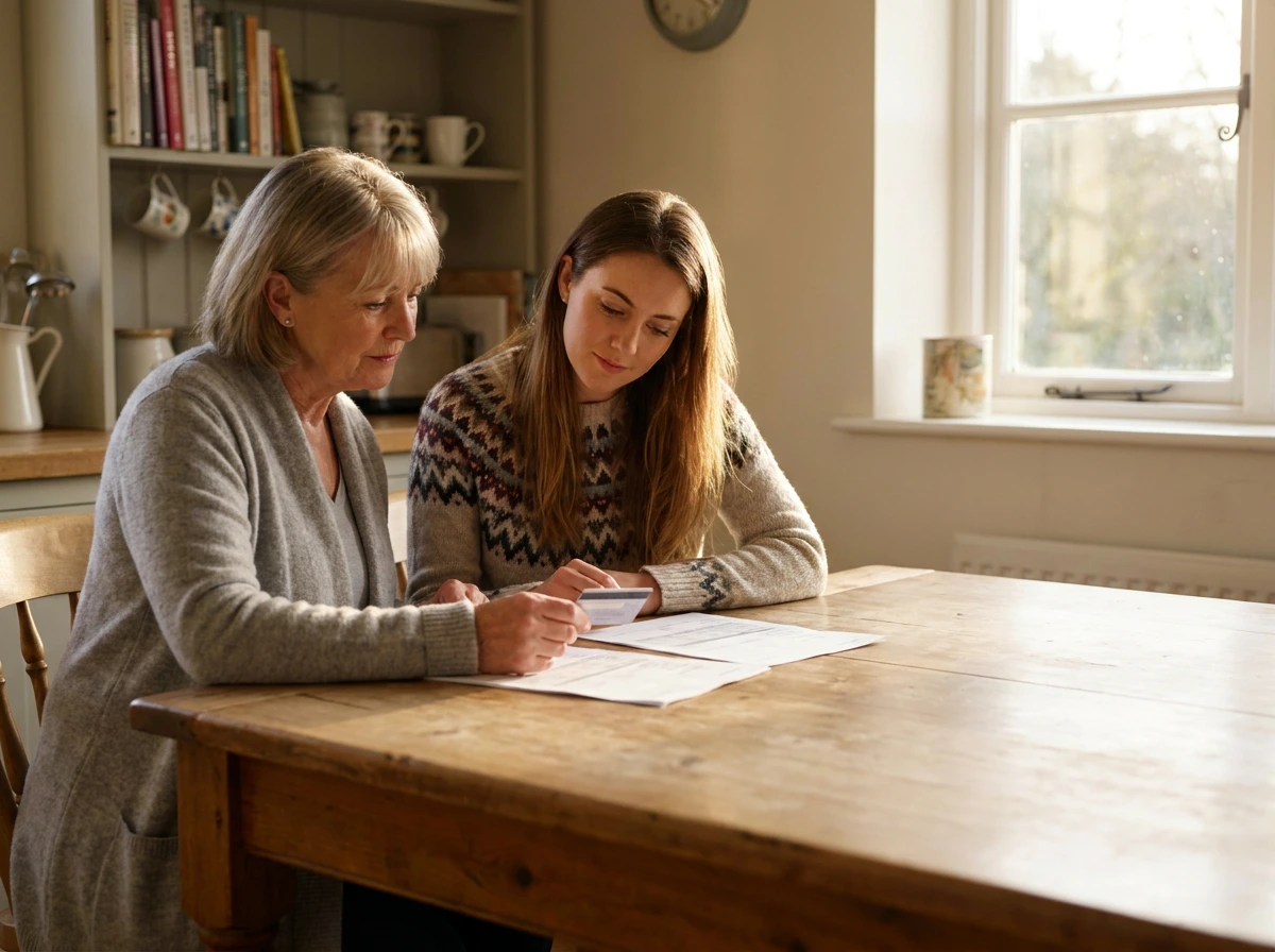 Two family members at a kitchen table reviewing a printed dental treatment estimate