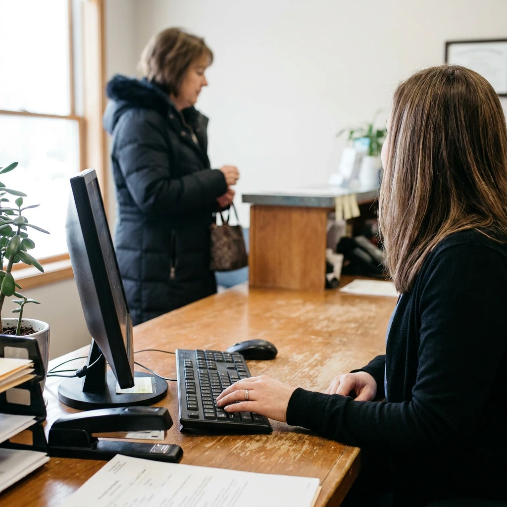 Receptionist at a dental office front desk submitting an insurance claim while a patient waits