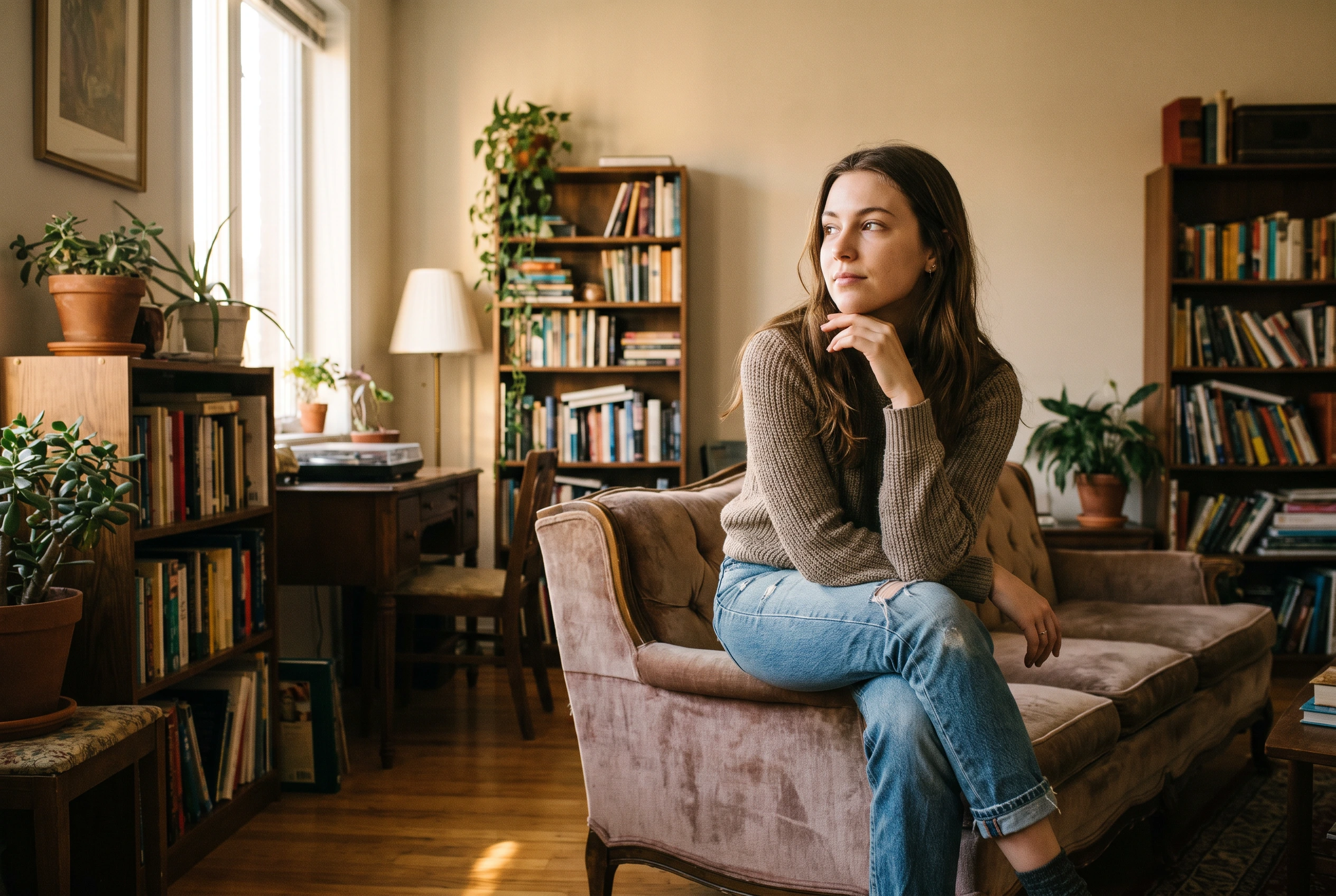 Young woman sitting in a living room resting her fingers below her jaw, thinking