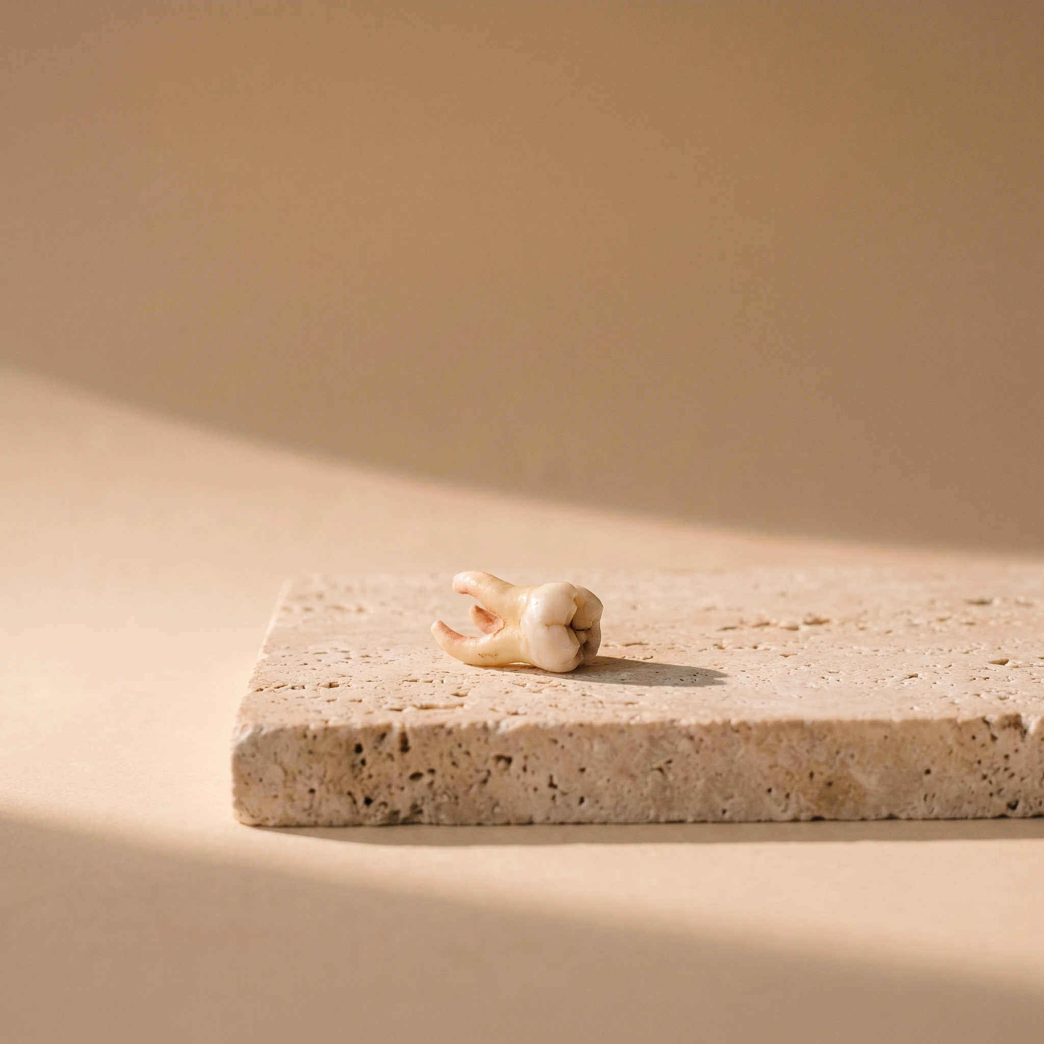 Single extracted wisdom tooth with short roots displayed on a stone plinth