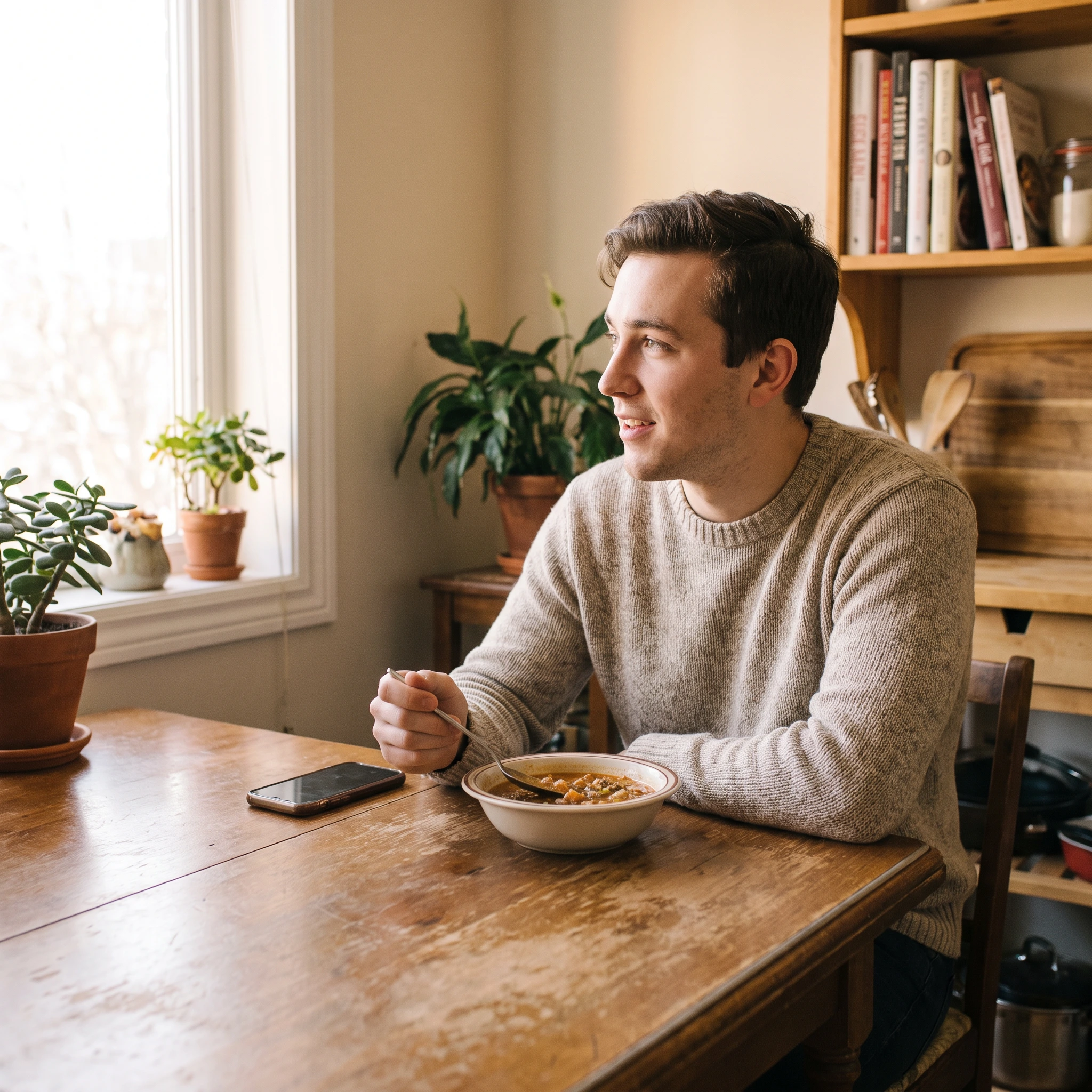 Young man eating soup at a kitchen table at home during recovery